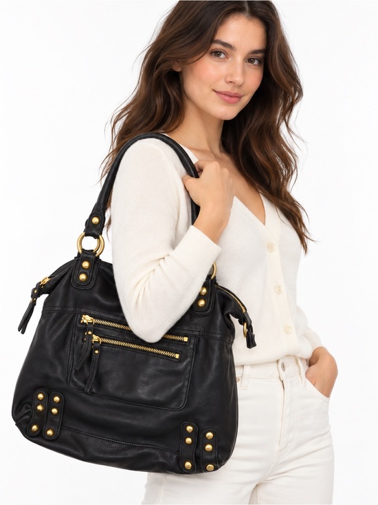 Linea Pelle Handbags - LINEA PELLE Black Leather Shoulder Bag with Gold Hardware